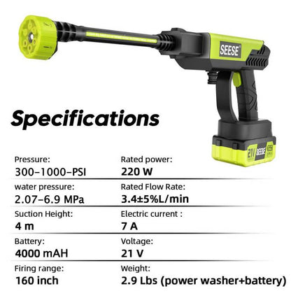 SEESE Cordless Pressure Washer — 800 PSI | 4000mAh | 6-in-1 Nozzle | Portable Car, Home & Garden Cleaner
