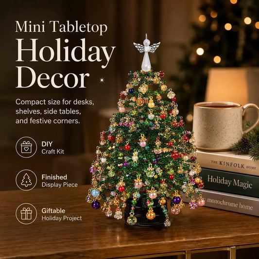 DIY Beaded Christmas Tree Kit — Handmade Mini Crystal Bead Tabletop Tree with Angel Topper, Ornaments & Base | Complete Craft Set & Holiday Gift