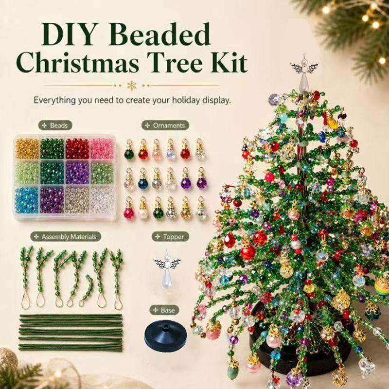 DIY Beaded Christmas Tree Kit — Handmade Mini Crystal Bead Tabletop Tree with Angel Topper, Ornaments & Base | Complete Craft Set & Holiday Gift