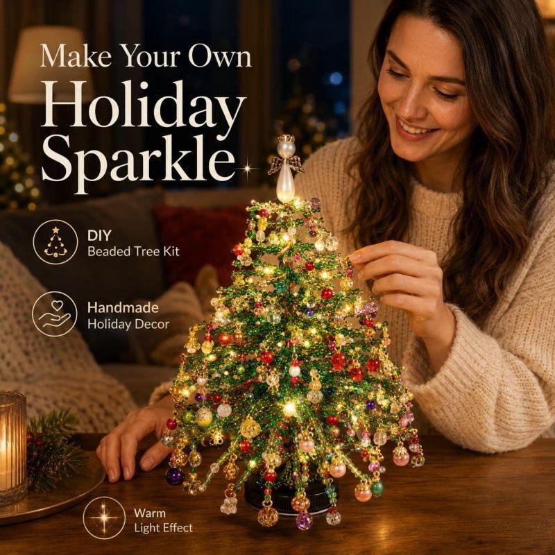 DIY Beaded Christmas Tree Kit — Handmade Mini Crystal Bead Tabletop Tree with Angel Topper, Ornaments & Base | Complete Craft Set & Holiday Gift